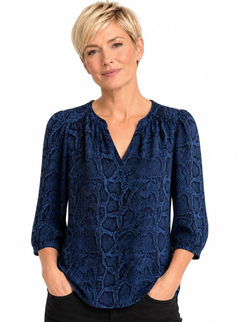 Rebecca Taylor Navy Blue Snakeskin Print Silk Top